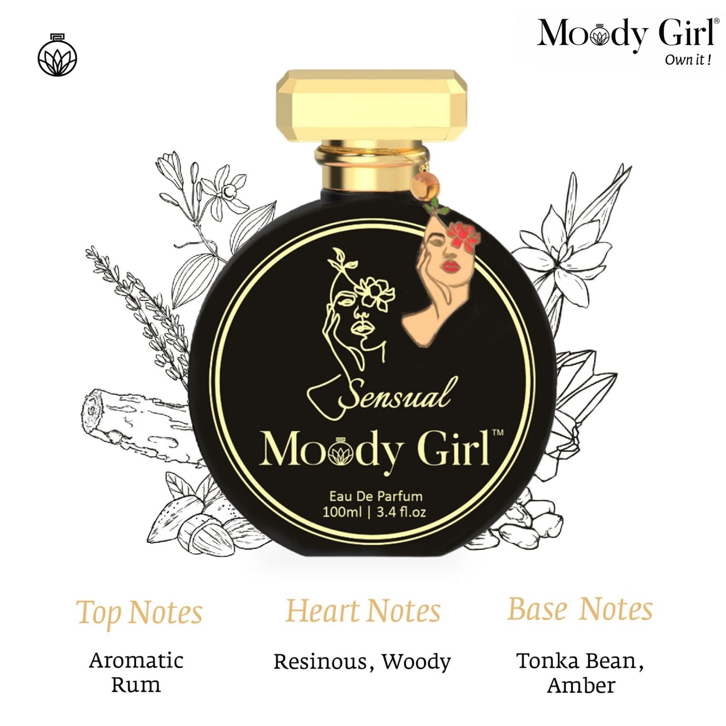 Perfume bottle labeled 'Sensual 100ml Moody Girl' with botanical illustrations on a white background.