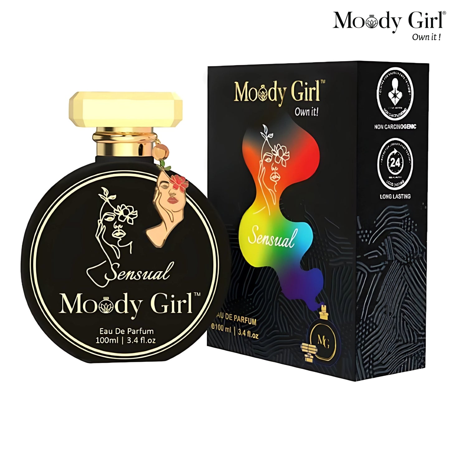 Moody Girl Sensual 100ml perfume bottle and packaging on a white background