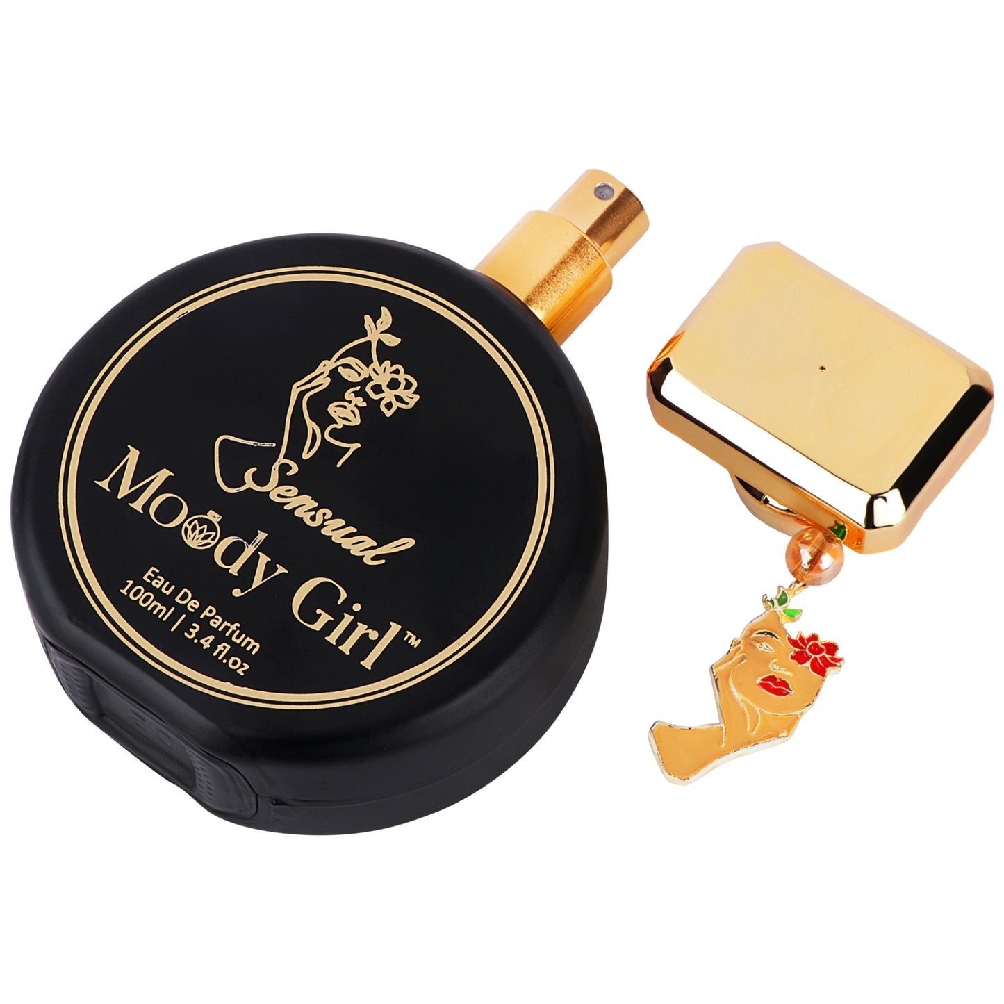Black and gold perfume bottle with 'Moody Girl' branding on a white background