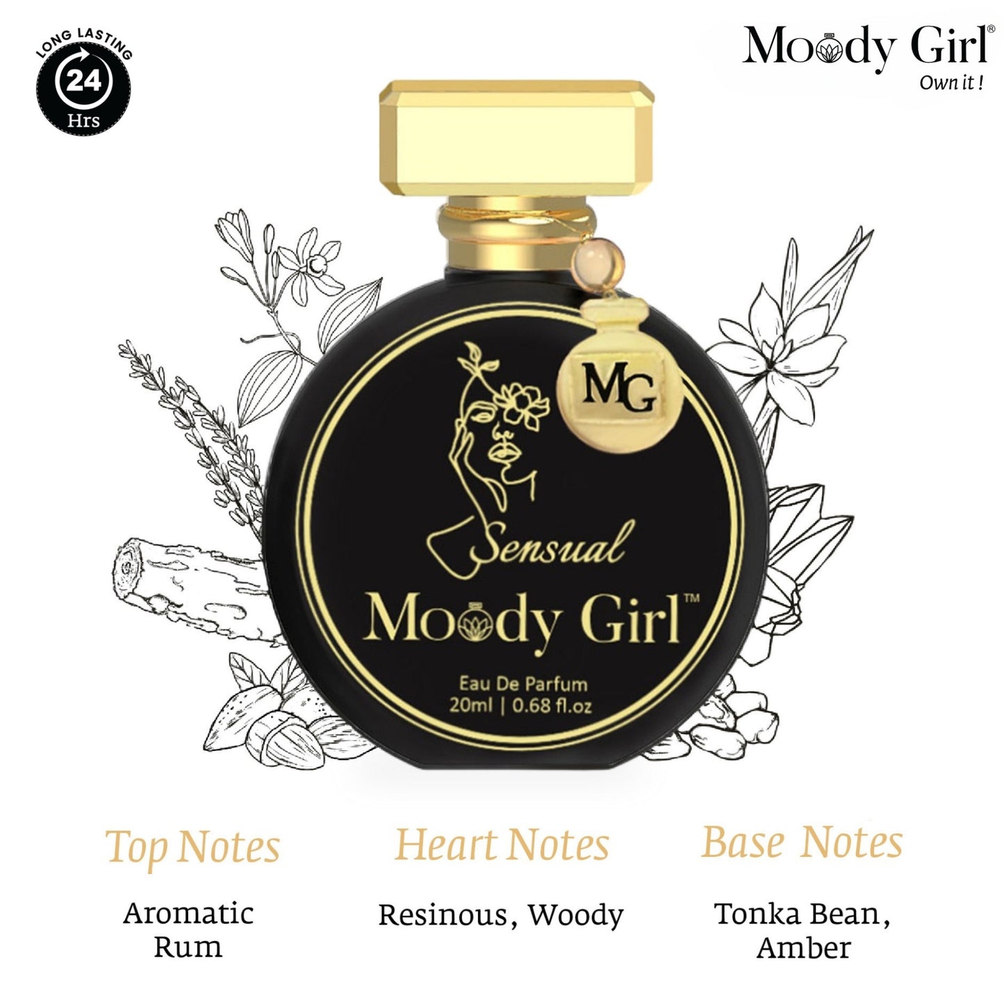 Moody Girl Sensual 20ml Perfume bottle labeled 'Sensual Moody Girl' with botanical illustrations on a white background
