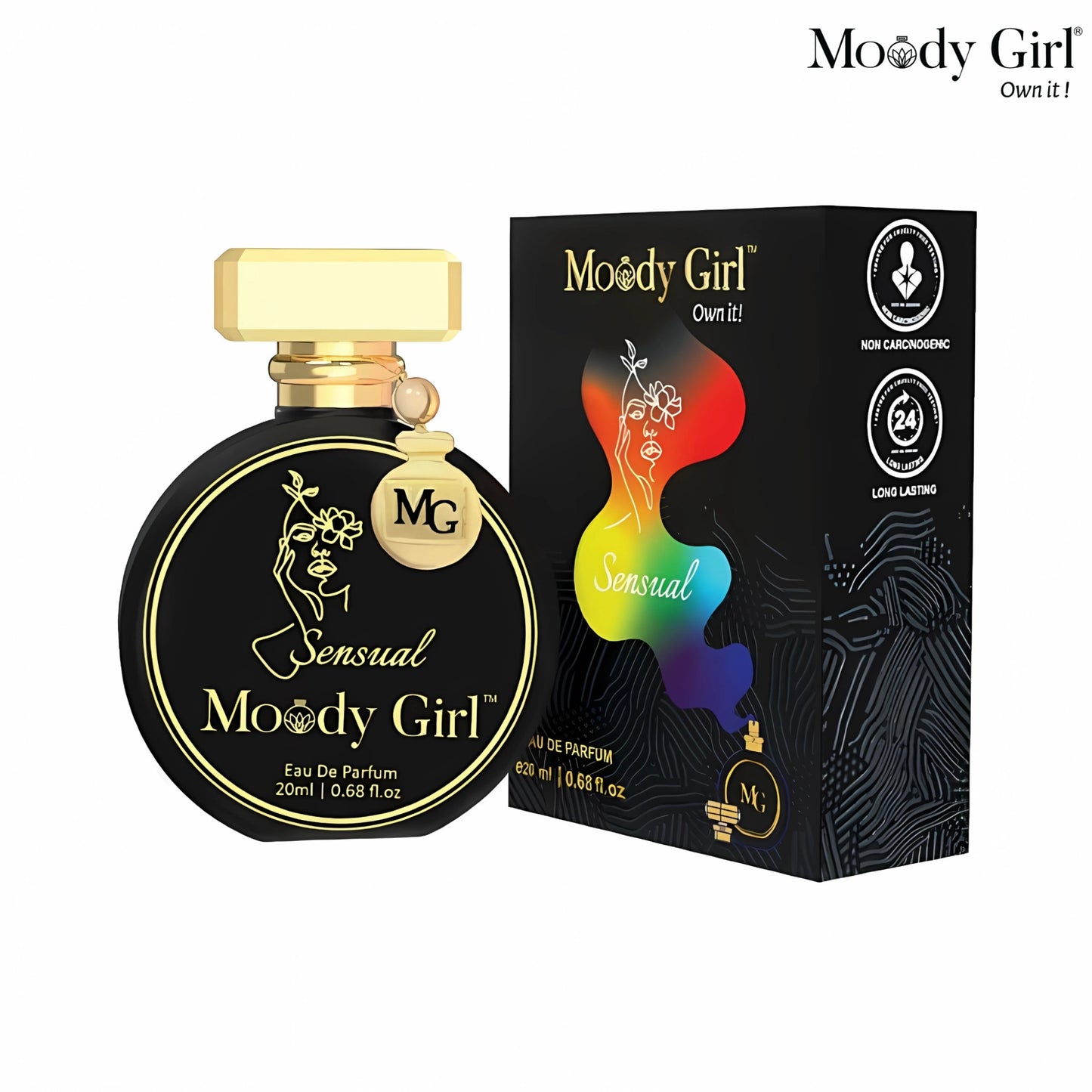 Moody Girl Sensual 20ml perfume bottle and packaging on a white background