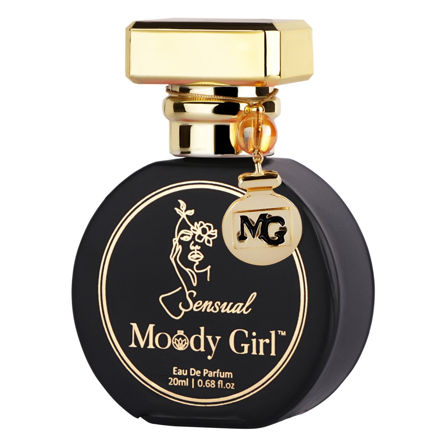 Moody Girl Sensual 20ml Black and gold perfume bottle with 'Moody Girl' branding on a white background