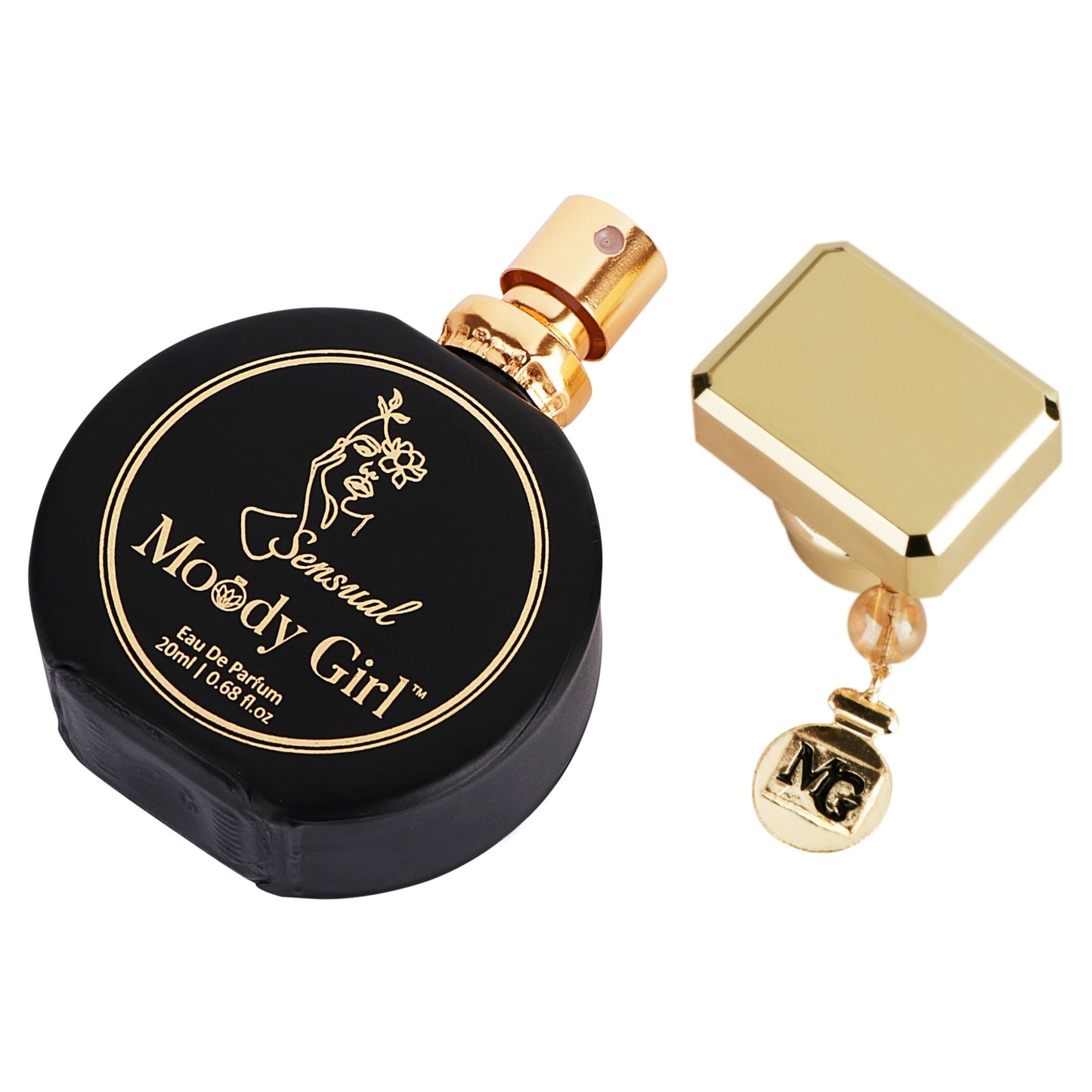 Moody Girl Sensual 20ml Black and gold perfume bottle with 'Moody Girl' branding on a white background