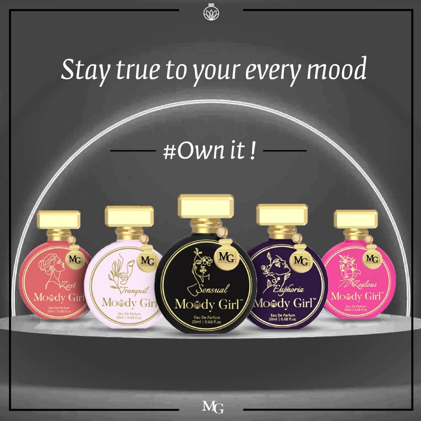 Collection of Moody Girl perfume bottles with a dark background and text.
