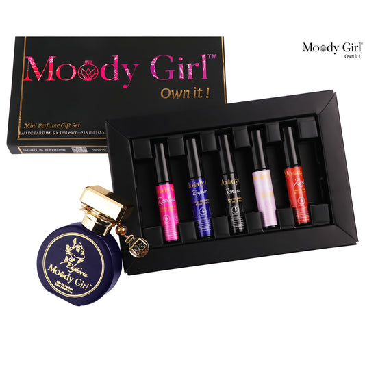 Moody Girl mini perfume gift set with a black box containing six small bottles and a blue perfume bottle on a white background.