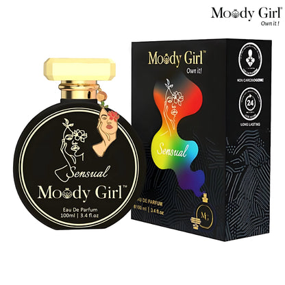 Moody Girl Sensual 100ml perfume bottle and packaging on a white background