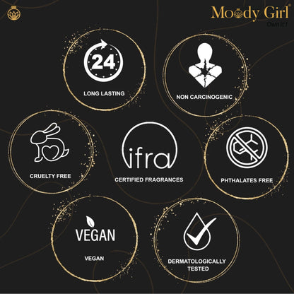 Collection of icons and text on a black background, featuring 'Moody Girl' brand.