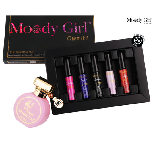 Moody Girl mini perfume gift set with a pink perfume bottle and six small bottles in a black box.