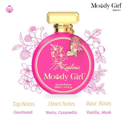 Moody Girl Zealous 100ml Pink perfume bottle with gold cap labeled 'Zealous Moody Girl' on a white background with floral designs.