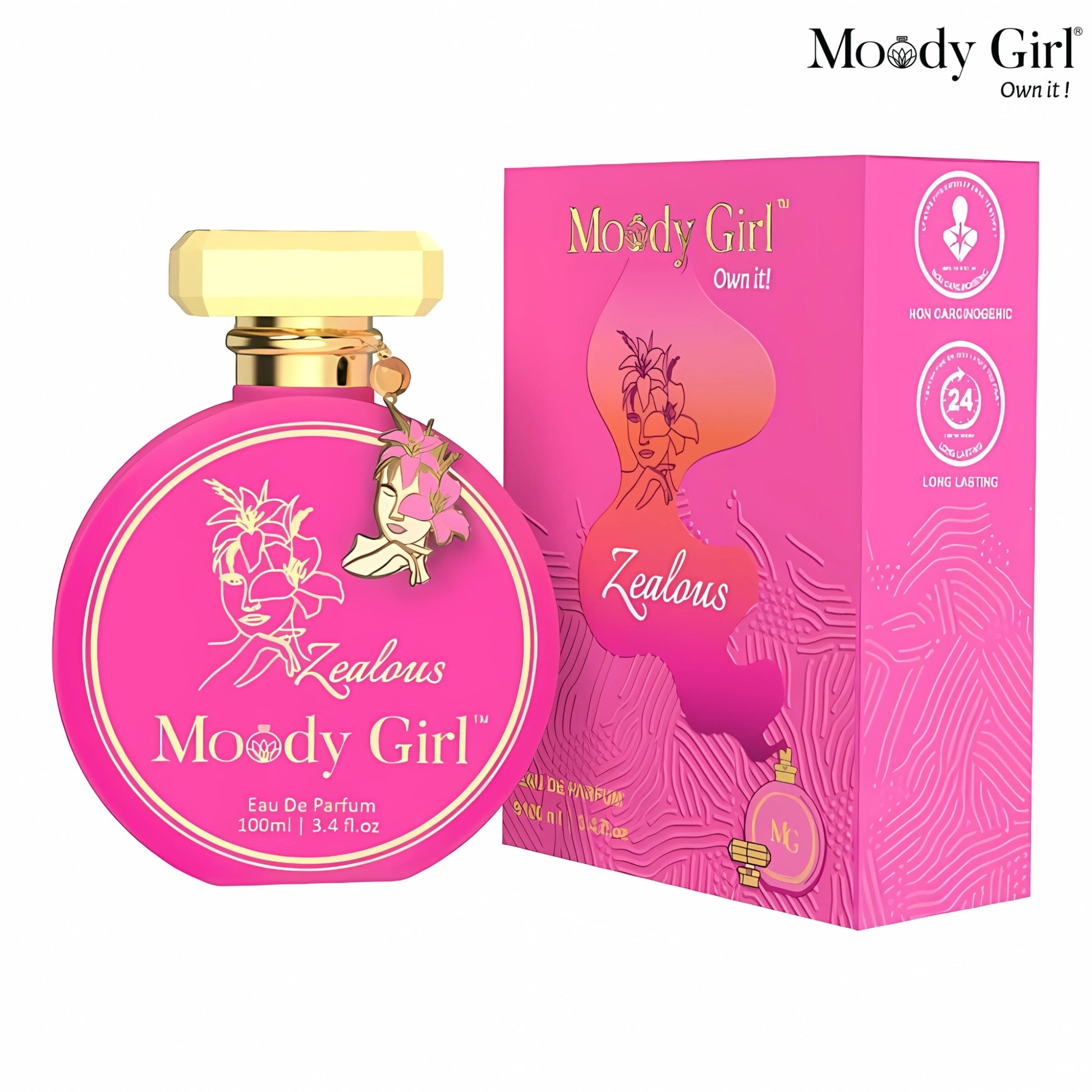 Zealous 100ml Pink 'Moody Girl' perfume bottle and packaging on a white background