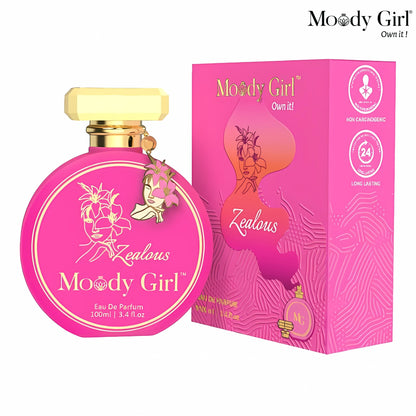 Zealous 100ml Pink 'Moody Girl' perfume bottle and packaging on a white background