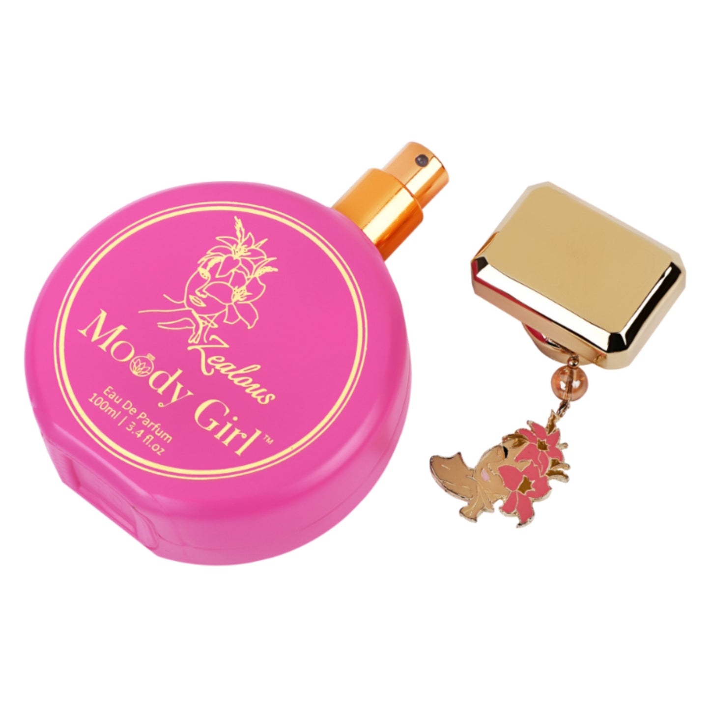 Moody Girl Zealous 100ml Pink perfume bottle with gold cap and decorative tag on a white background