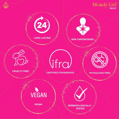 Product label with certification icons on a pink background, featuring the brand 'Moody Girl'.